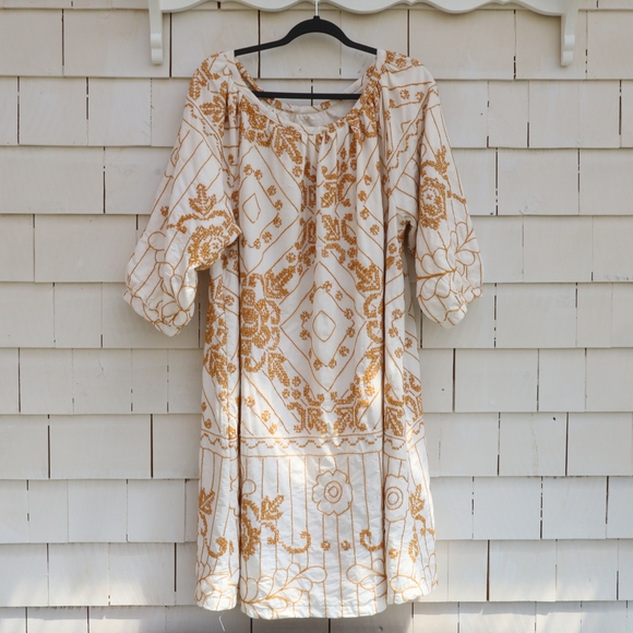 Upcycled Cross Stitched Hand Embroidered White and Gold Dress L XL - Picture 8 of 13